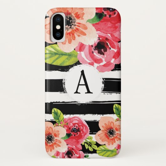 Trendy Monogramed Zwarte Witte Strepen Bloemen Case-Mate iPhone Case (Achterkant)