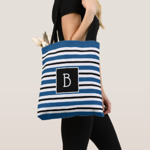 Trendy Monogrammed Classic Blue White Stripe Draagtas