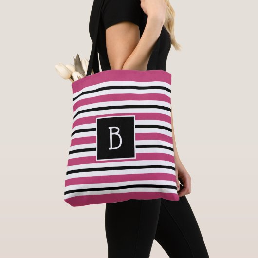 Trendy Monogrammed Pink, Black & White Stripe Draagtas (Dichtbij)