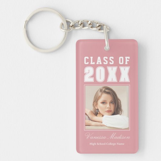 Trendy Name Class of Pink Blush Afstuderen Foto Sleutelhanger (Voorkant)
