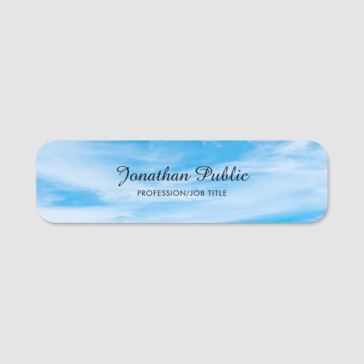 Trendy Natuur Blue Sky Clouds Hand Script Sjabloon Naamplaatje (Voorkant)