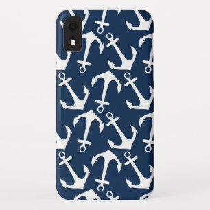 Trendy Nautical Navy Blue Anchor Pattern iPhone XR Hoesje