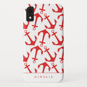 Trendy Nautical Red Anchor Pattern iPhone XR Hoesje