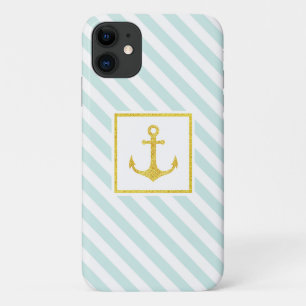 Trendy Nautical Stripes Faux Glitter Anchor iPhone 11 Hoesje