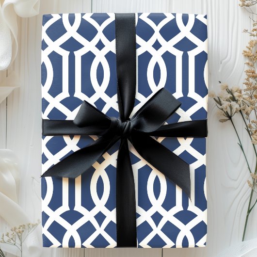 Trendy Navy and White Moroccan Trellis Pattern Cadeaupapier