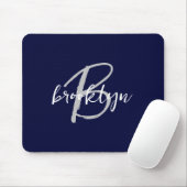 Trendy Navy Blau Grijs Wit Script Monogram Muismat (Met muis)