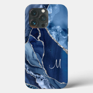 Trendy Navy Blue Agate Marble Geode Glitter iPhone 13 Pro Hoesje