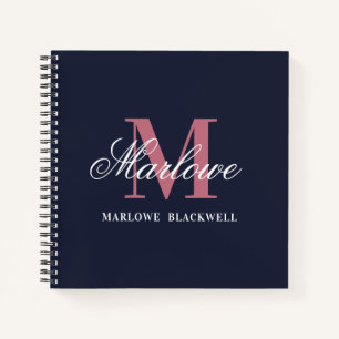 Trendy Navy Blue Blush Pink Monogram Calligrafie Notitieboek