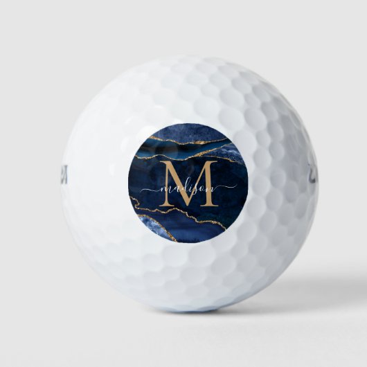 Trendy Navy Blue Gold Agate Geode Glitter Monogram Golfballen (Voorkant)