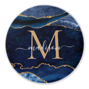 Trendy Navy Blue Gold Agate Geode Glitter Monogram Keramische Knop