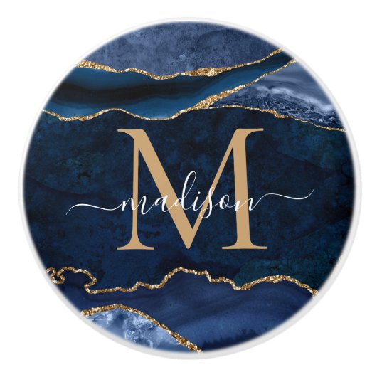 Trendy Navy Blue Gold Agate Geode Glitter Monogram Keramische Knop (Voorkant)