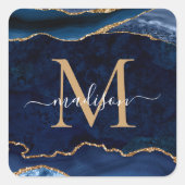 Trendy Navy Blue Gold Agate Geode Glitter Monogram Vierkante Sticker (Voorkant)