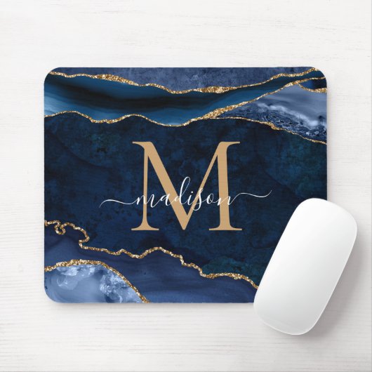 Trendy Navy Blue Gold Sparkle Agate Geode Monogram Muismat (Met muis)