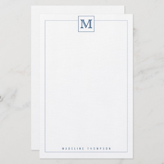 Trendy Navy Blue Initiaal Monogram Square border Briefpapier (Voorkant / Achterkant)