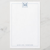 Trendy Navy Blue Initiaal Monogram Square border Briefpapier (Voorkant)