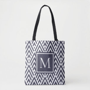 Trendy Navy Blue Monogram Arrow Diamond Pattern Draagtas