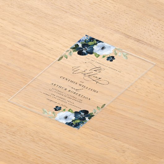 Trendy Navy en lichtblauwe bruiloft Acryl Uitnodigingen (Laagn)