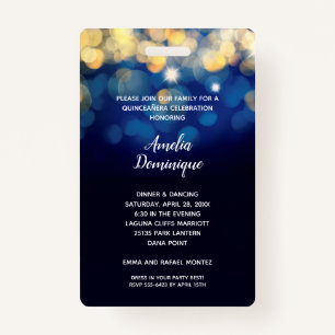 Trendy Navy Gold Bokeh Quinceañera Invite VIP Pass Badge