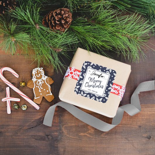 Trendy Navy & White Festive kerstcadeaulabel Vierkante Sticker
