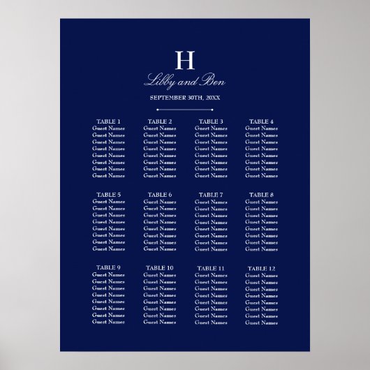 Trendy Navy & White Wedding Seating Chart Poster (Voorkant)