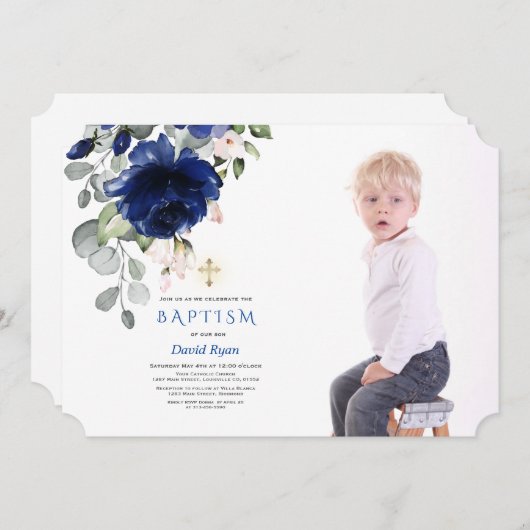 Trendy Navyblauwe Bloemachtige Jongensfoto Gouden Kaart (Voorkant / Achterkant)