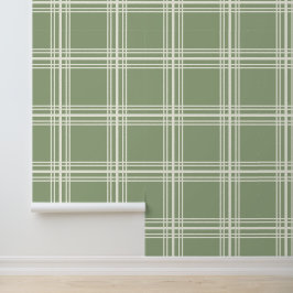 Trendy Neutrale Sage Groene Ivoor Witte Rasterlijn Behang