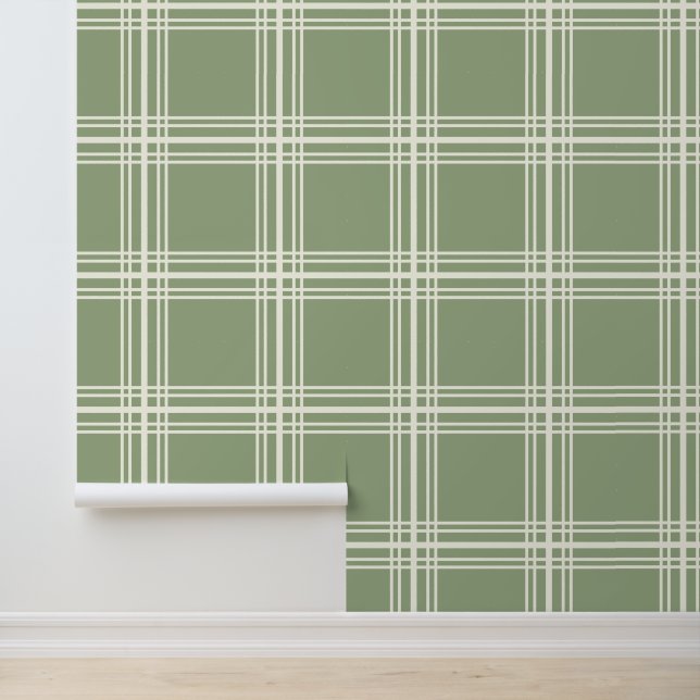 Trendy Neutrale Sage Groene Ivoor Witte Rasterlijn Behang (Applicatie)