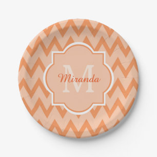 Trendy Oranje Chevron Zigzag Name en Monogram Papieren Bordje