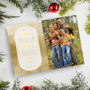 Trendy Oval Joy to the World Foto Golden Textured Folie Feestdagenkaart