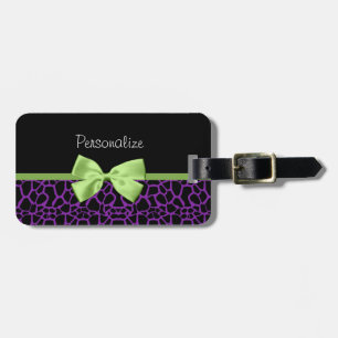 Trendy Paarse en zwarte Giraffe met groen lint Bagagelabel