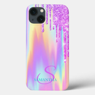 Trendy Paarse Glitter Druppels Ombre Holografisch iPhone 13 Hoesje