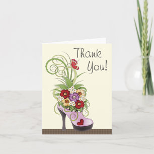 Trendy Paarse hoge hak schoen en bloemen dank u Bedankkaart
