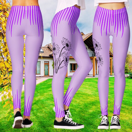 Trendy Paarse Lila Bloemen Stripe Workout Vrouwen Leggings
