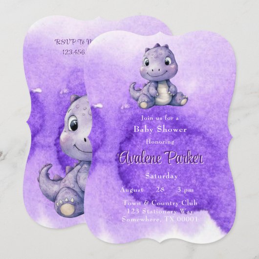 Trendy Paarse Schattigee Dinosaurus Meisje Baby sh Kaart (Voorkant / Achterkant)