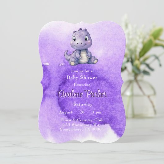 Trendy Paarse Schattigee Dinosaurus Meisje Baby sh Kaart (Staand voorkant)