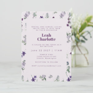 Trendy Paarse Waterverf Floral Bat Mitzvah Kaart