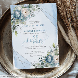 Trendy Pastel Blauw Wit Zilveren Bloemen Wedding Kaart