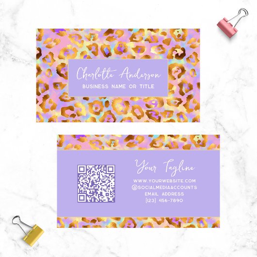 Trendy Pastel Modern Gold Leopard Print QR Code Visitekaartje