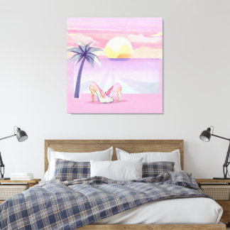 Trendy Pastelroze Strandzonsondergang & Hoge Hakke Canvas Afdruk