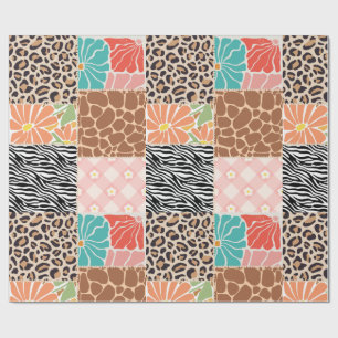 Trendy patchwork dierprint en bloemen inpakpapier
