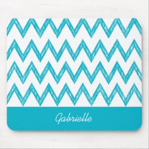 Trendy Pencil Turquoise Chevron Zigzags met naam Muismat