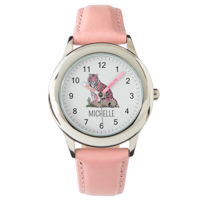 Trendy Personalized Name Cute Jungle Pink Tiger    Horloge (Voorkant)