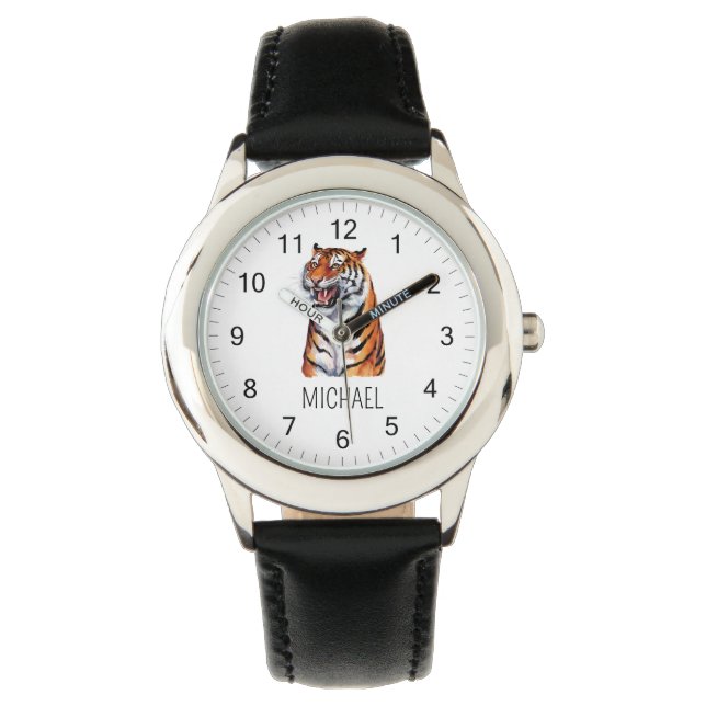 Trendy Personalized Name Cute Jungle Tiger         Horloge (Voorkant)
