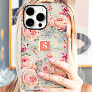 Trendy Perzikrozen Monogram Bloemen iPhone 16 Pro Max Hoesje