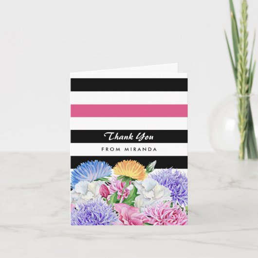 Trendy Pink and Black Stripes Floral bedankt (Voorkant)