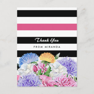 Trendy Pink and Black Stripes Floral bedankt Briefkaart