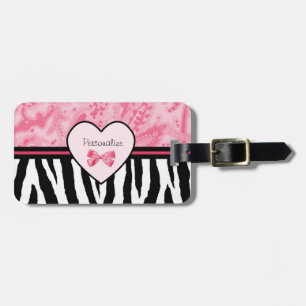 Trendy Pink and Black Zebra Pattern Bow and Name Bagagelabel