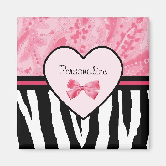 Trendy Pink and Black Zebra Pattern Bow and Name Magneet (Voorkant)