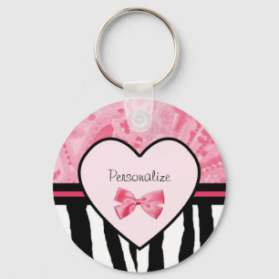 Trendy Pink and Black Zebra Pattern Bow and Name Sleutelhanger