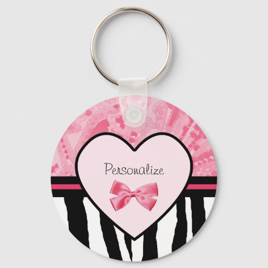 Trendy Pink and Black Zebra Pattern Bow and Name Sleutelhanger (Voorkant)